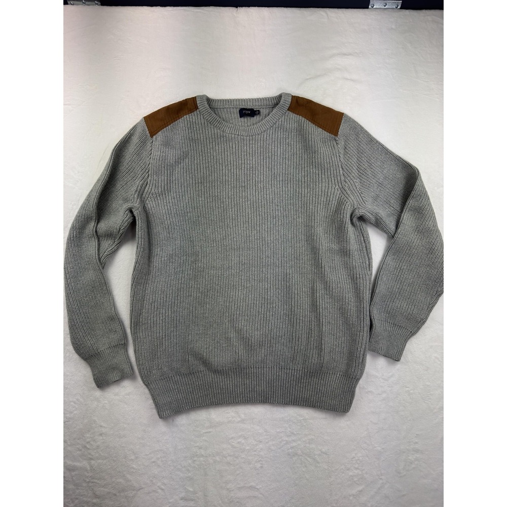 J Crew Sweater Mens XL Gray Cotton Shoulder Patch Crewneck Knit Pullover